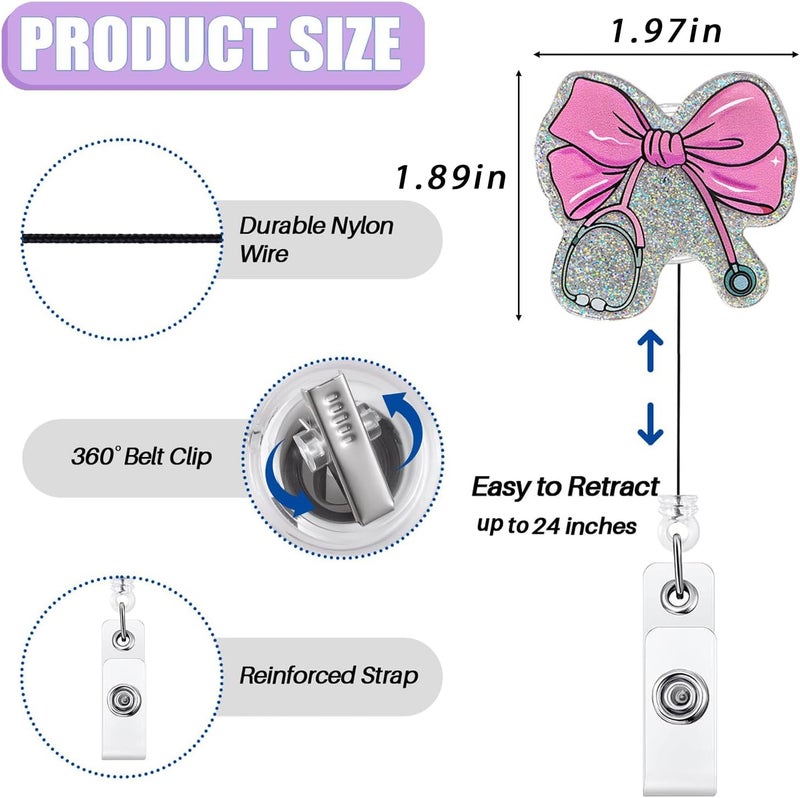 Bydevia Pink Bow Stethoscope Badge Reel Retractable for Nurse Nursing RN CNA LPN & Medical Assistant | Cute Nurse Gifts Coquette Bow ID Name Badge Holder with Alligator Clip & 24” Durable Nylon Cord | Acrylic - Image 2